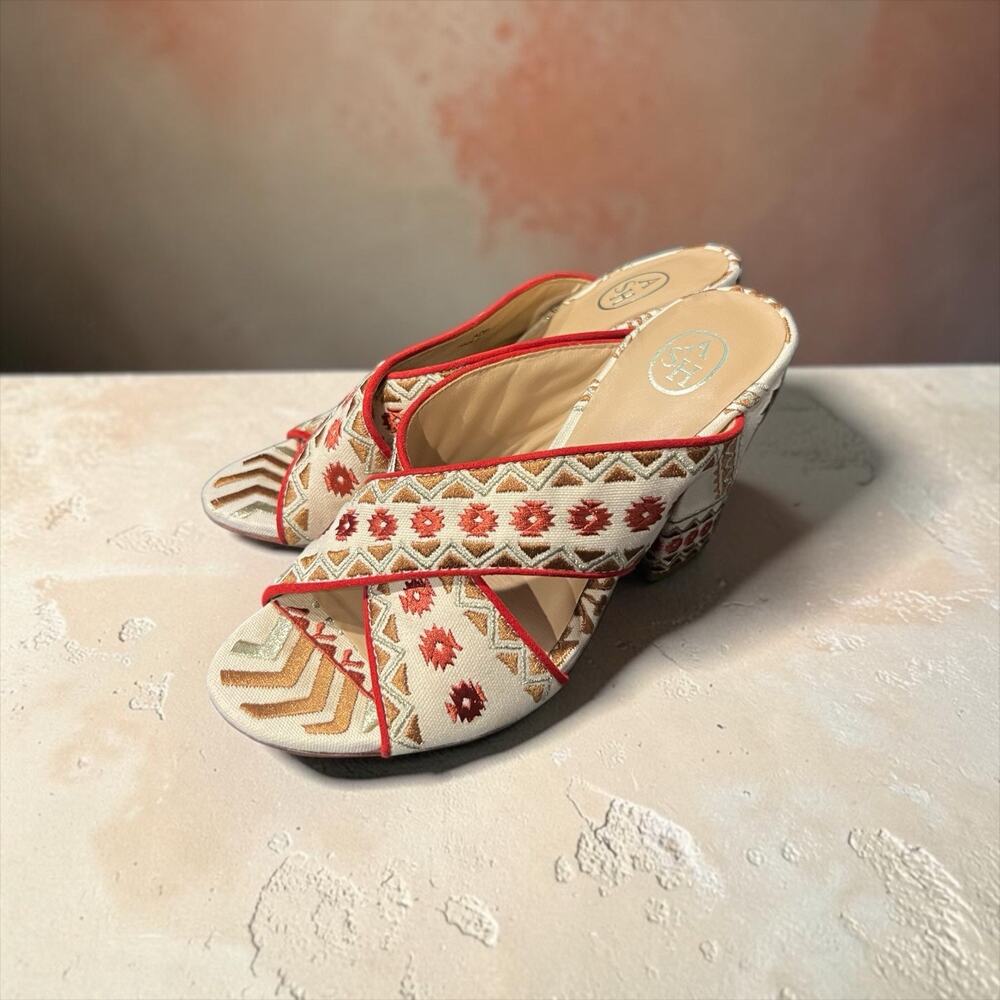 Ash Adel embroidered block heel mules featuring a cream canvas base